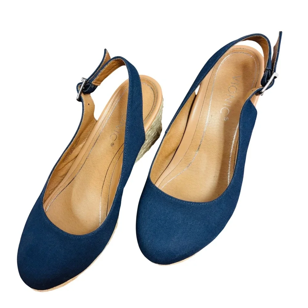 Vionic Coralina Navy Blue Canvas Slingback Espadrille Wedges Womens 7.5 Wide